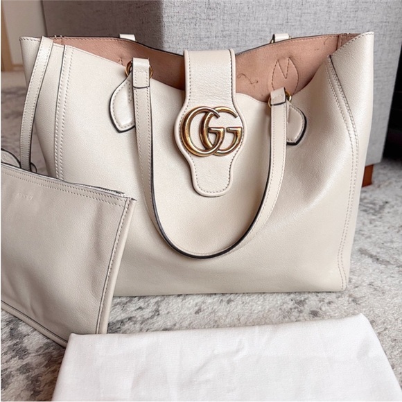 Gucci marmont GG flap leather dahlia tote shoulder bag cream off-white+pouch - Picture 14 of 15